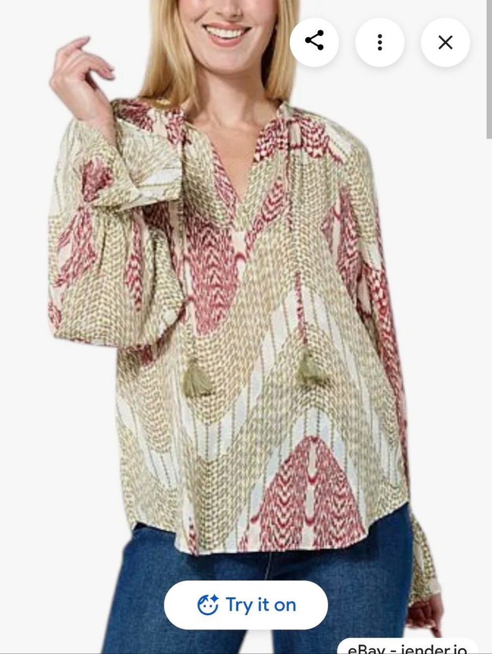 Joie Olive and Red Patterned V-Neck Tassel Blouse